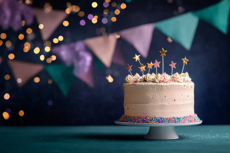 A beautifully decorated birthday cake soft features pastel colors and star-shaped candles, set against festive background with lights and bunting, creating a joyful atmosphere.の素材