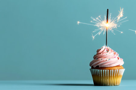 A beautifully decorated cupcake featuring swirls of pink frosting and a sparkling candle placed on top, showcasing a festive atmosphere against a light blue backdrop.の素材
