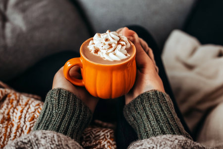 A person holds a bright orange mug filled with creamy hot chocolate topped with whipped cream, enjoying a cozy moment indoors during autumn.の素材