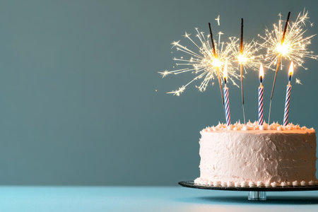 A beautiful cake adorned with pink frosting and five lit candles. Sparklers emit bright sparks, enhancing the joyful mood of a birthday celebration happening indoors.の素材