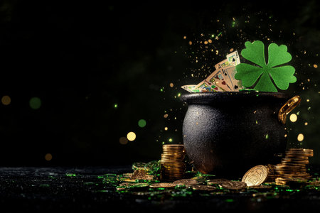 A pot filled with green cash and a shamrock sits atop a pile of gold coins, creating a festive display perfect for celebrations and lucky occasions.の素材