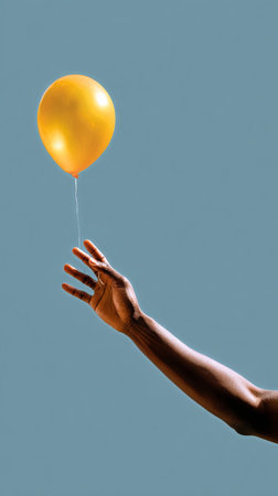 A hand reaches out to hold a bright yellow balloon, suspended with a thin string against a smooth, vibrant blue backdrop, evoking a sense of happiness and celebration..の素材