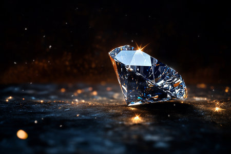 A stunning diamond sits alone on a dark, glittering surface. Warm light reflections create a captivating ambiance, showcasing the gems brilliance and clarity..の素材