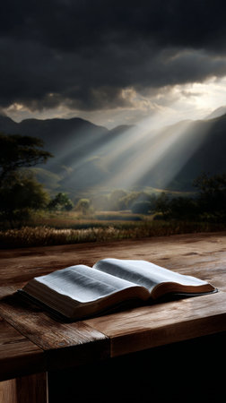 Rays of light break through dark clouds, highlighting an open book on a rustic wooden table with a mountainous background during sunset.の素材