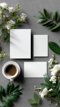 Empty cards are arranged on a gray surface alongside a coffee cup, framed by green leaves and white flowers, creating a serene workspace atmosphere.の素材