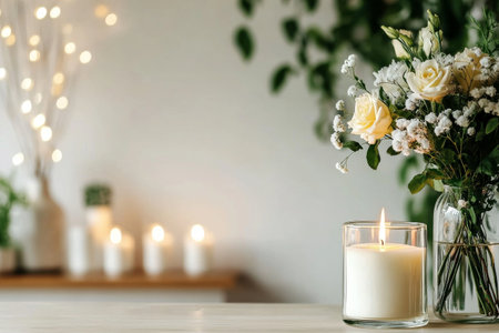 Softly glowing candles surround a beautiful arrangement of white roses and eucalyptus, creating a tranquil atmosphere in an indoor space..の素材