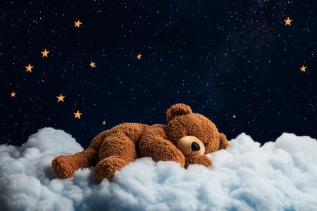 A fluffy teddy bear peacefully lies on soft clouds, surrounded by shimmering stars against a deep blue night sky, creating a serene and dreamy atmosphere..の素材