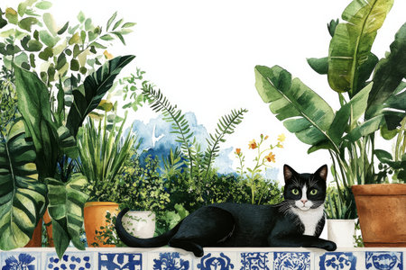 A black and white cat relaxes on a tiled surface amidst an array of tropical plants in an urban garden. The greenery creates a serene atmosphere during daylight.の素材