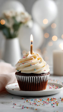 A beautifully decorated cupcake sits on a plate with creamy frosting and colorful sprinkles..の素材