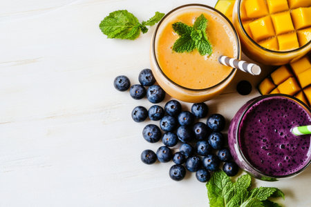 Two vibrant smoothies made with mango and blueberries are served with fresh mint leaves and sliced mango on a wooden board during a bright afternoon..の素材