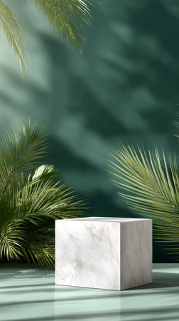 A sleek, white marble pedestal stands in a bright indoor space filled with lush green palm leaves. Sunlight casts soft shadows, enhancing the tranquil atmosphere.の素材