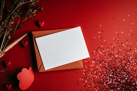 A flat lay arrangement features a red envelope, blank card, and scattered decorative hearts on a vibrant red background. This setup is perfect for love notes or special messages.の素材