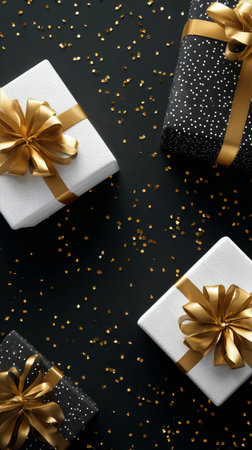 Four beautifully wrapped gift boxes with golden ribbons rest on a dark surface, surrounded by scattered confetti.の素材