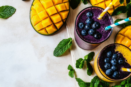 Two vibrant smoothies made with mango and blueberries are served with fresh mint leaves and sliced mango on a wooden board during a bright afternoon.の素材