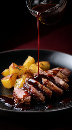 Slices of perfectly cooked steak are arranged on a dark plate beside golden roasted potatoes, as a rich sauce is drizzled over the meat, creating a delectable dining experience.の素材