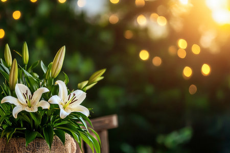 White lilies in a rustic pot adorn a wooden table as the sun sets, casting warm light over the garden filled with soft bokeh and greenery.の素材