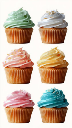 Six delightful cupcakes showcase different frosting colors and styles, including chocolate, mint, and strawberry. The arrangement emphasizes their sweet, appealing design..の素材