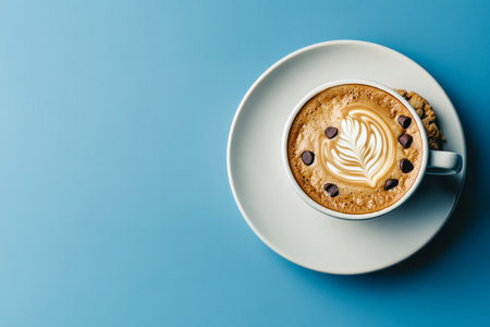 A warm cup of coffee features elegant heart-shaped latte art, accompanied by a small chocolate chip cookie. The light blue background enhances the cozy atmosphere..の素材