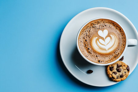 A cup of creamy coffee sits on a plate beside a freshly baked chocolate chip cookie. The latte art showcases a beautiful leaf design, inviting relaxation..の素材