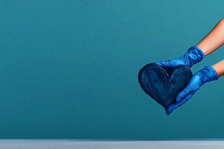 Two hands wearing blue gloves delicately form a heart shape using a blue ribbon, set against a soft pink backdrop, conveying a message of care and love..の素材