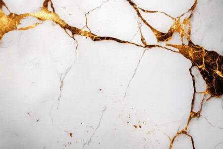 A beautiful marble surface showcases intricate patterns of white and gold veins, exuding luxury and sophistication in an interior space.の素材