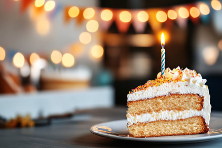 A delicious cake sits on a white plate, layered with frosting and topped with colorful sprinkles. A single candle is lit, adding to the festive atmosphere of the celebration..の素材