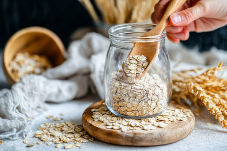 Oat milk is poured into a wooden bowl containing rolled oats on a rustic kitchen countertop, surrounded by natural elements such as wheat and fabric..の素材