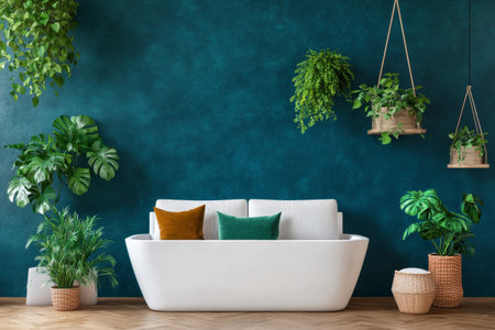 A sleek white bathtub sits against a deep blue wall, surrounded by vibrant green plants, creating a tranquil and stylish atmosphere for relaxation..の素材