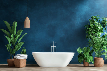 A stylish bathroom features a white freestanding tub alongside a cozy chair with stacked towels and lush green plants, all set against a calming blue wall..の素材