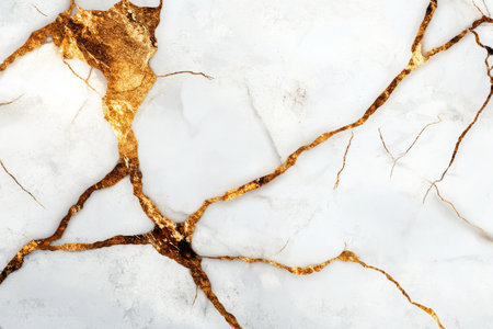 A beautiful marble surface features striking golden cracks, offering a unique and luxurious appearance perfect for interior design projects. Ideal for creating elegant spaces and accents..の素材