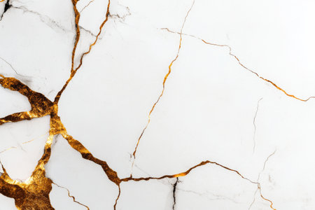 A beautiful marble surface showcases intricate patterns of white and gold veins, exuding luxury and sophistication in an interior space..の素材