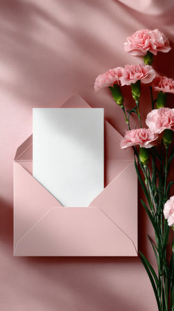 A pastel pink envelope rests on a soft surface next to fresh pink carnations, creating a cheerful and inviting atmosphere perfect for sending warm greetings..の素材