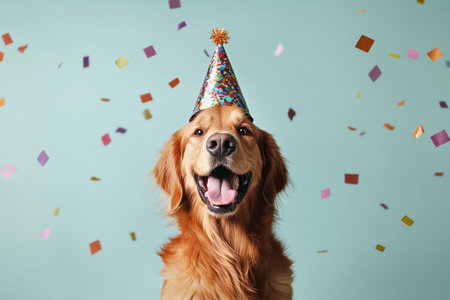 A cheerful golden retriever smiles widely, donning a colorful party hat while vibrant confetti falls around it, creating a joyful atmosphere perfect for a celebration..の素材