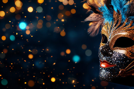 A vibrant masquerade mask adorned with glitter and feathers rests against a backdrop of softly glowing lights, suggesting a lively celebration filled with mystery and elegance.の素材