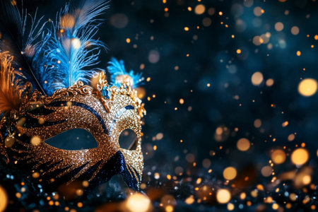 A vibrant masquerade mask adorned with glitter and feathers rests against a backdrop of softly glowing lights, suggesting a lively celebration filled with mystery and elegance..の素材