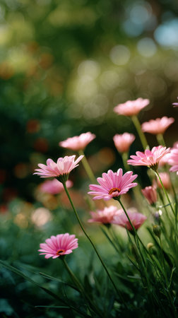 Fields of bright pink daisies stand tall amidst lush greenery in a vibrant garden during the warm spring season, showing the beauty of nature.の素材