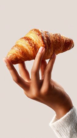 A hand delicately holds a flaky, golden croissant, showing its layered texture. The soft, neutral background adds warmth to this inviting culinary moment.の素材