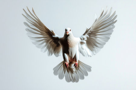 A white bird soars gracefully through the air, showing its wings widely spread and its vibrant plumage. This moment captures the beauty and freedom of avian life..の素材