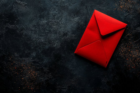 A red envelope is resting on a dark textured surface, surrounded by scattered glitter. The contrast creates a striking visual, ideal for conveying messages or invitations..の素材
