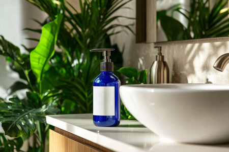 A modern bathroom setup displays a blue dispenser and a white sink surrounded by vibrant green plants. Sunlight filters through, creating a serene and inviting atmosphere.の素材