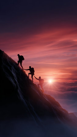 Three hikers climb a rocky mountain as the sun sets in the background, casting golden hues across the landscape. The group shows determination and teamwork during the ascent..の素材