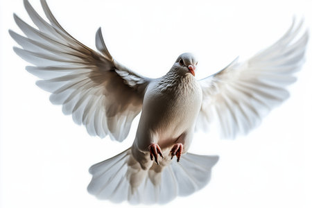 A white dove gracefully soars in mid-air, showing its elegant wings. The birds feathers glisten as it flies against a neutral gray background..の素材