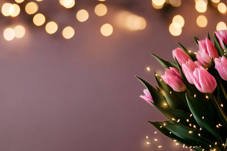 A bouquet of pink tulips is arranged with care, set against a soft pastel background illuminated by warm bokeh lights, creating a tranquil evening atmosphere..の素材