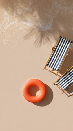 Bright orange swimming ring rests on the sandy beach next to striped sun loungers. Gentle waves lap at the shore under a clear sky, creating a serene atmosphere for relaxation.の素材