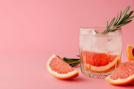 A glass of grapefruit cocktail sits on a vibrant pink background, garnished with fresh rosemary and accompanied by grapefruit slices. The drink sparkles with refreshing bubbles.の素材