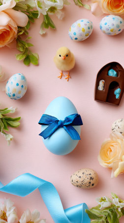 Delightful Easter arrangement featuring a blue egg with a bow, surrounded by colorful eggs, flowers, and a small chick. Perfect for spring celebrations and festivities.の素材