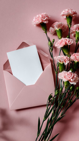 A pastel pink envelope rests next to vibrant carnation flowers, featuring soft pink blooms and green stems.の素材