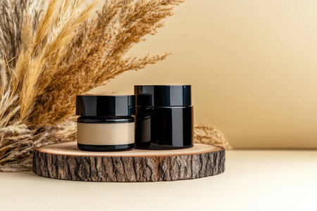 Two chic skincare containers are displayed on a wooden tray, complemented by dried plants in an elegantly simple arrangement, creating a calm atmosphere..の素材