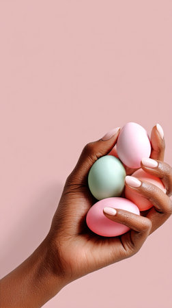 A hand grasps three pastel-colored eggs in shades of pink and green. The soft pink background enhances the festive vibe, perfect for spring gatherings and celebrations.の素材