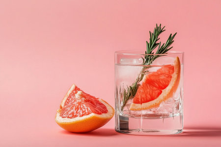 A glass of grapefruit cocktail sits on a vibrant pink background, garnished with fresh rosemary and accompanied by grapefruit slices. The drink sparkles with refreshing bubbles..の素材